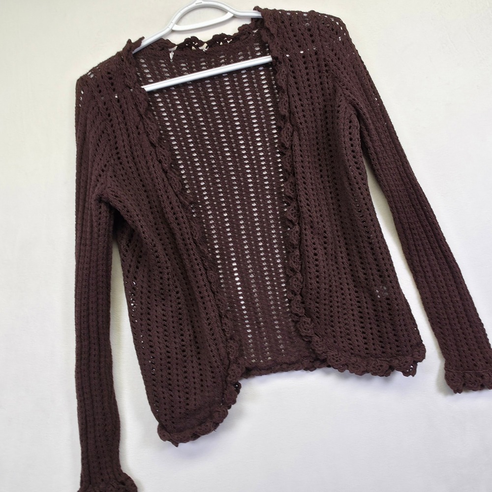 Crochet‎ Knit Cardigan Womens L Brown Open Ruffle Ribbed Layering Lounge Sweater - Picture 2 of 15